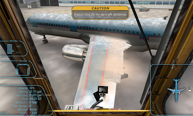 Simulators track aircraft damage and alert users about nozzle-to-aircraft distance.