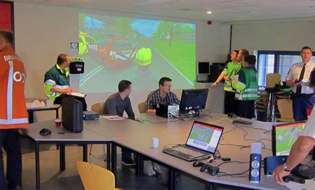 Industrial safety training simulator teaches construction safety.