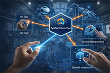 ForgeFX Simulations, ForgeSIM, Spatial Interactions, Spatial interaction capabilities enable users to interact with virtual training content using natural hand gestures and spatial positioning. This system supports air tap, hand ray, and direct manipulation gestures, allowing for intuitive interaction with 3D training objects and interfaces in mixed reality environments.